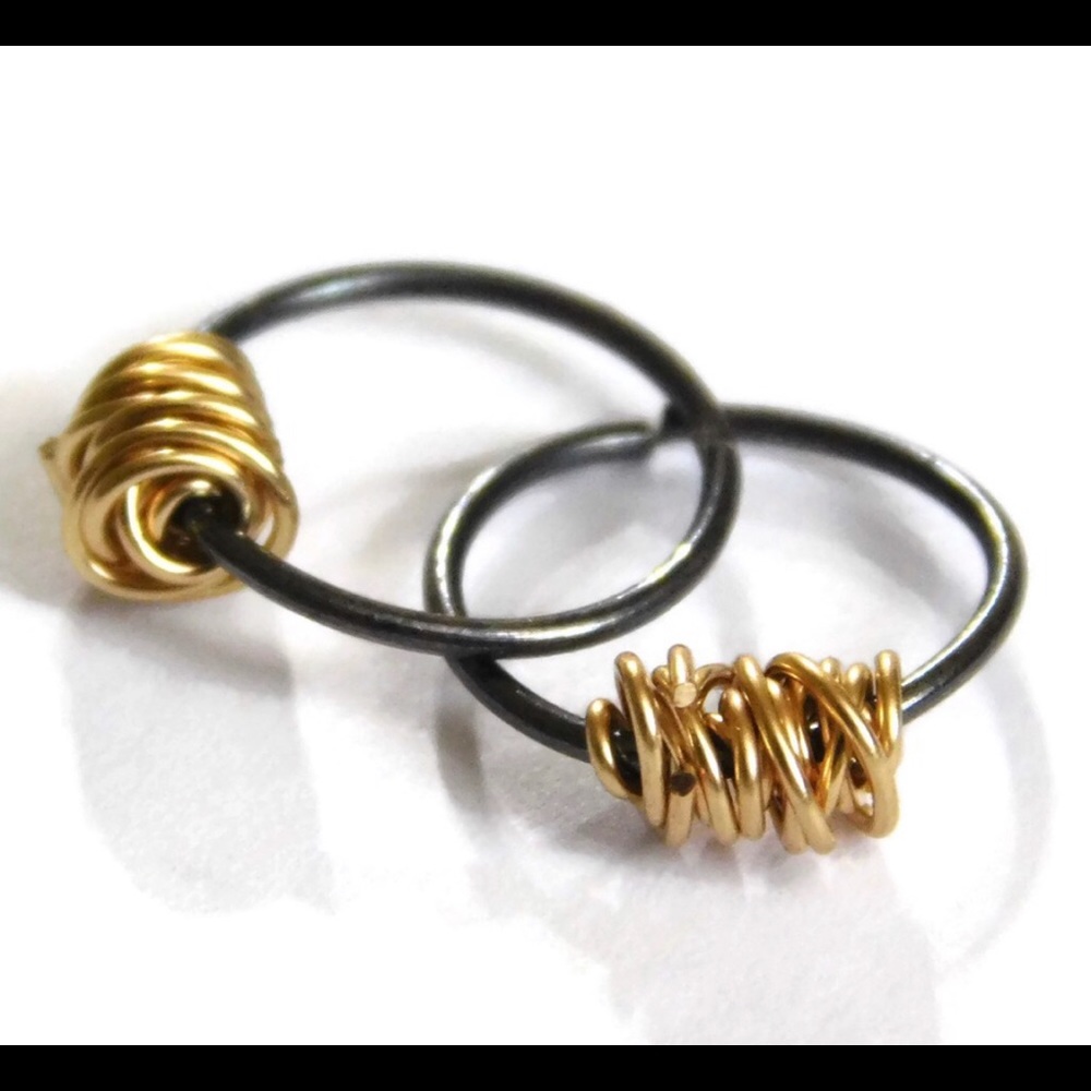 Hand crafted Black oxidized 925 silver/gold hoops